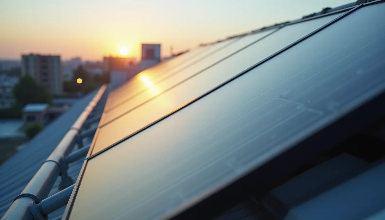 Close-up de colector solar termosifónico instalado en techo industrial