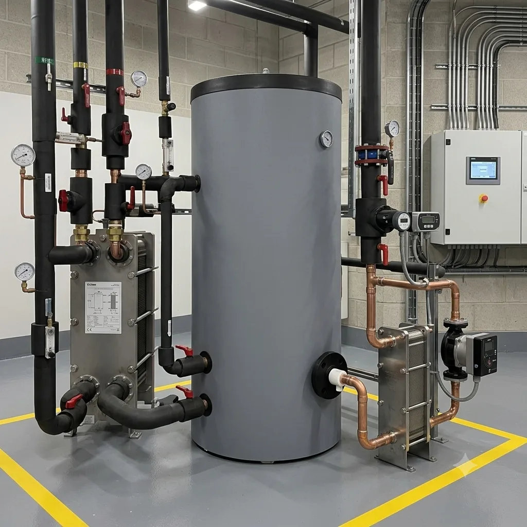 Estanque acumulador Termic instalado en una sala de máquinas